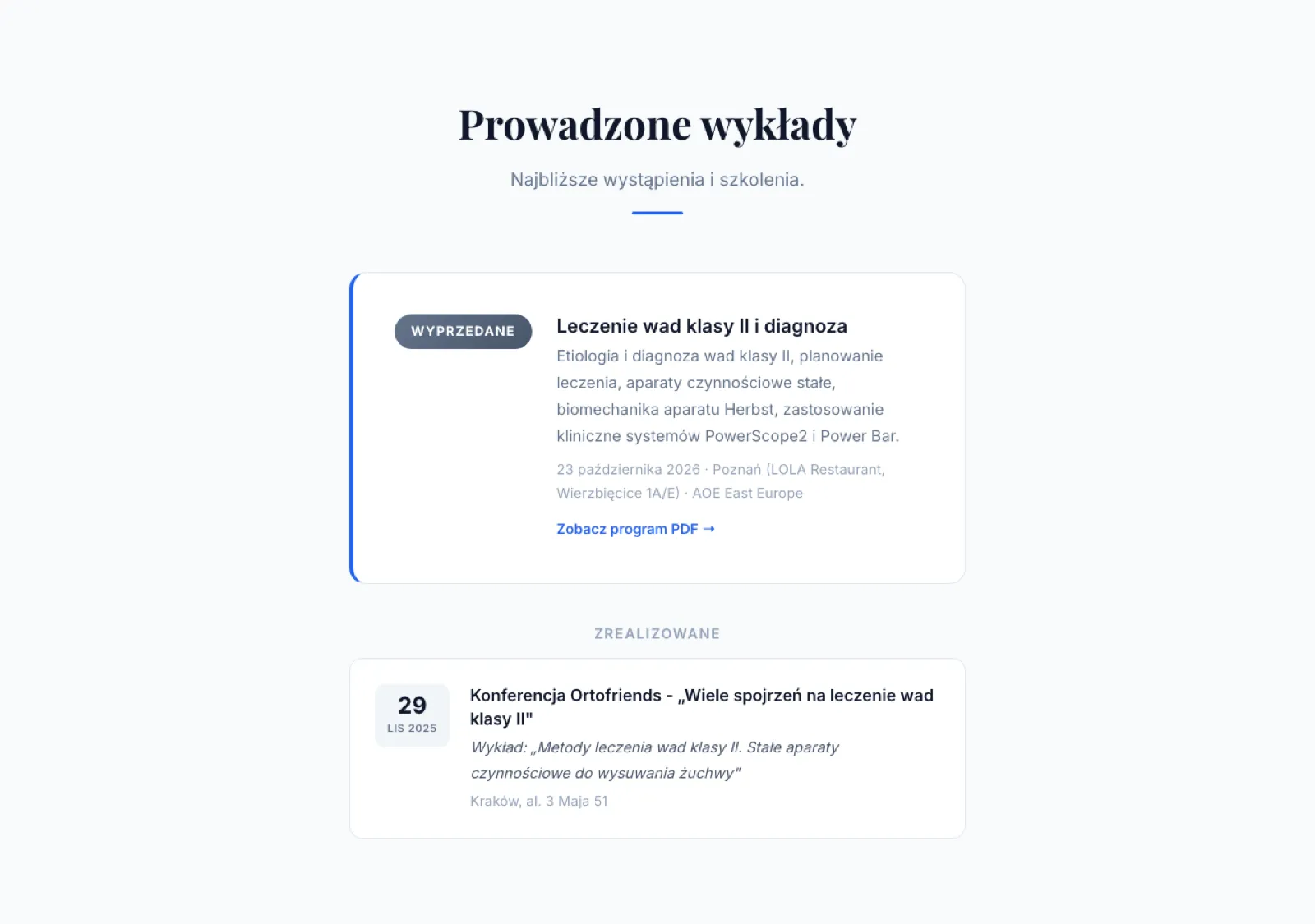 Nadchodzący wykład z terminem, miejscem, informacją o wolnych miejscach i programem do pobrania.
